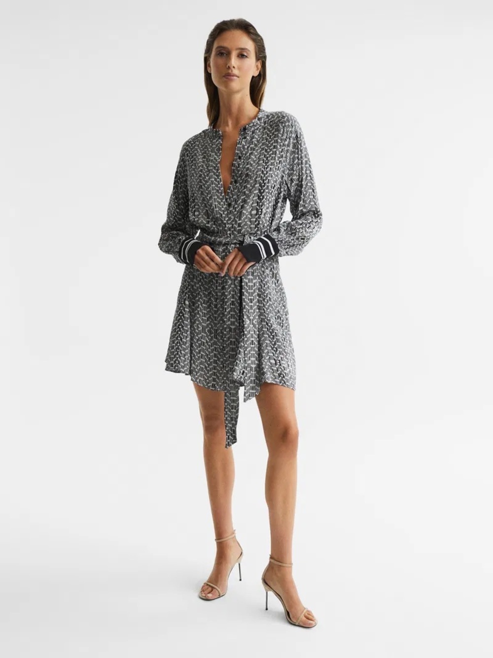 Reiss Laria Stripe Black and White Geometric Wrap Dress